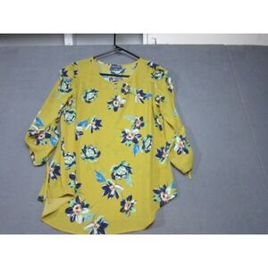 Van Heusen Blouse Womens Small Yellow Floral NEW 3/4 Tie Sleeve Keyhole Top